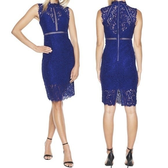 NWT Bardot Lace Sheath Women’s Size 8 Cocktail Dress Cobalt Blue Wedding Guest - Picture 1 of 14